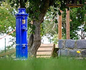 Ein blauer Trinkwasserbrunnen steht vor einem Baum in einer grünen Umgebung.