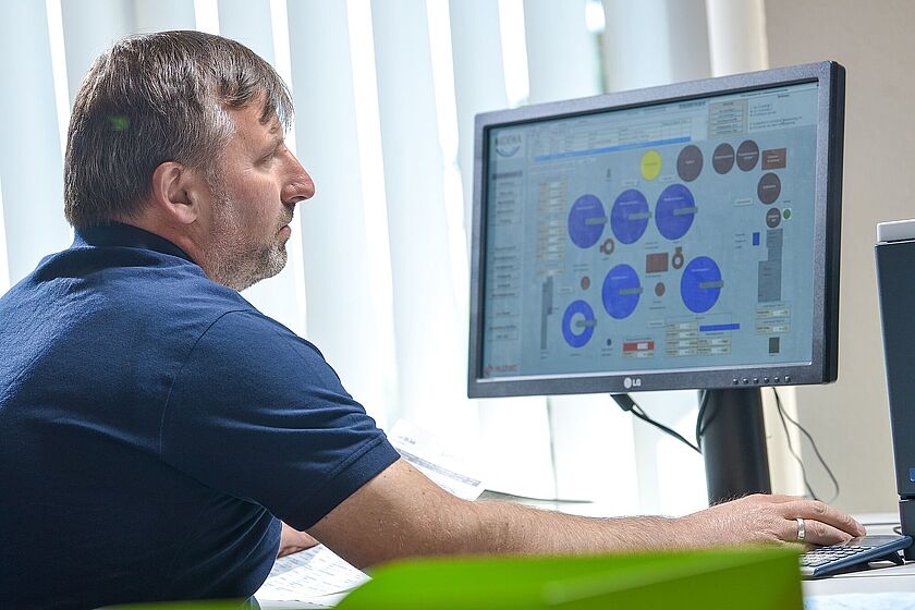 MIDEWA Wasserversorgungsgesellschaft in Mitteldeutschland mbH - Kläranlage Rollsdorf - Mitarbeiter am Computer wo alle technischen Daten der gesamten Kläranalge abgerufen und gesteuert werden können.
